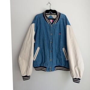 Vintage Tony Lama Denim Varsity Jacket Mens XL Blue Cream Quilted Bomber Star
